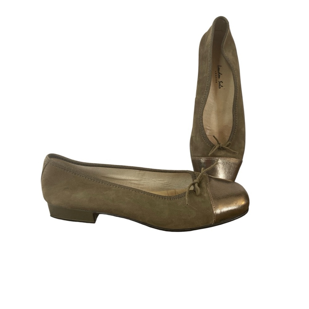 London Sole Sage Suede Ballet Flats with Bronze leather toe caps Size 9